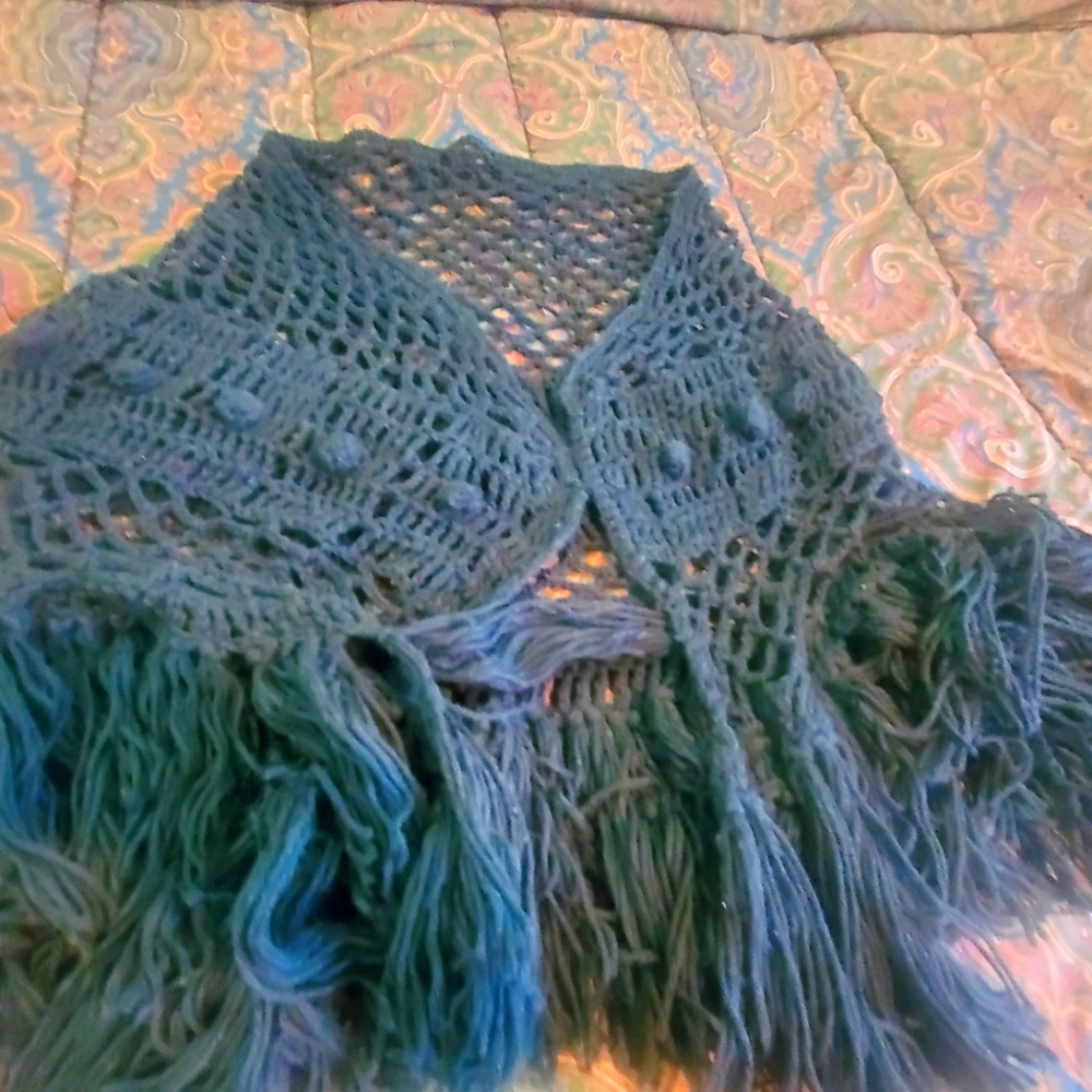 Shawl Poncho- Hand Crochet -Wool- (Black)